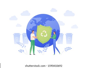 Ecology planet protection concept. Vector flat people llustration. Family couple holding green recycle sign shield on earth globe. Design element for banner, poster, background, web, infographic.