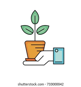 ecology plant with flowerpot and leaves in the hand