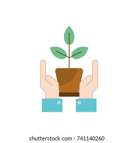 ecology plant with flowerpot and leaves with hands