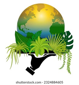 Ecology: plants to save the planet from global warming - an illustration with various plants around a planet earth which is gradually becoming green again.
