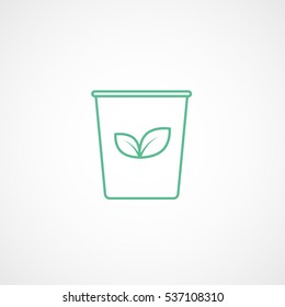 Ecology Plastic Cup With Leaf Green Line Icon On White Background