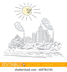 Ecology. Pollution city. Editable line sketch. Stock vector illustration