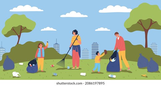 Ecology pollution cleaning composition with urban scenery cityscape and group of adults and children gathering trash vector illustration
