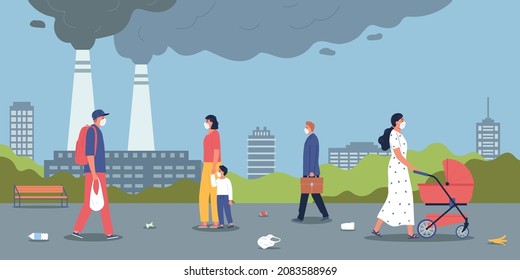 Ecology pollution composition with outdoor city scenery and walking people with garbage on pavement and factory vector illustration