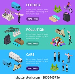Ecology Pollution Concept Banner Horizontal Set 3d Isometric View Include of Factory, Garbage and Smoke. Vector illustration of Icons