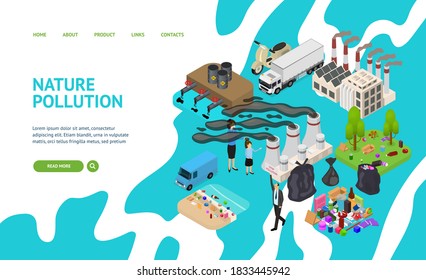 Ecology Pollution Concept Card 3d Isometric View Include Of Factory, Garbage And Smoke. Vector Illustration Of Icons