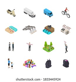 Ecology Pollution Concept Set 3d Isometric View Include of Factory, Garbage and Smoke. Vector illustration of Icons