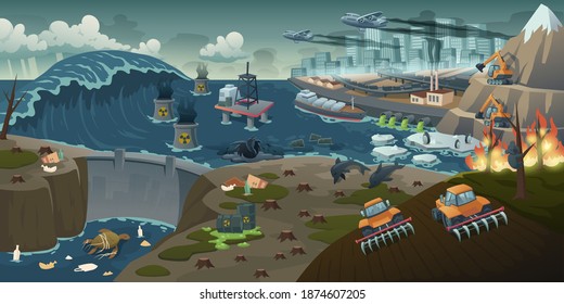 Ecology pollution, deforestation, forest fire, nature deforestation global problem. Oil derrick in dirty ocean or sea water with dam, dying animals, ecological catastrophe, Cartoon vector illustration