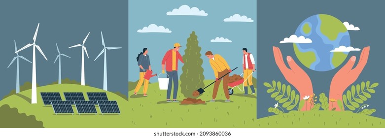 Ökoumweltverschmutzungsdesign-Konzept mit drei quadratischen Kompositionen von Freiwilligen alternativer Energie und Erde in der Hand Vektorgrafik