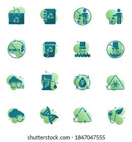 Colección de elementos de ecología y contaminación, conjunto de iconos planos relacionados con el medio ambiente, Paquete de símbolos coloridos contiene - naturaleza y energía renovable, bolsa de reciclaje, desperdicios, basura. Ilustración vectorial. Diseño de estilo plano