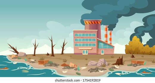 Ecology pollution, factory pipes emitting smoke and make dirty air, rubbish floating in polluted ocean, lie on sea beach. Forest cutting, deforestation ecological problem, Cartoon vector illustration