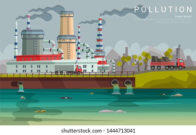 Ecology pollution flat banner vector template. Environmental threat, danger. Nature protection poster. Factory dumping hazardous materials in water. Dirty city river illustration with text space