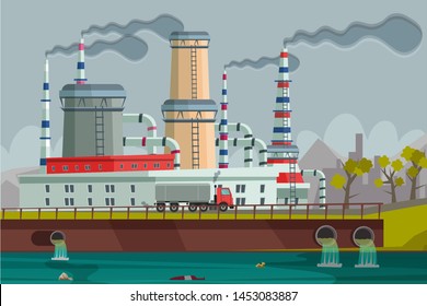 Ecology pollution flat banner vector template. Environmental threat, danger. Nature protection poster. Factory dumping hazardous materials in water. Dirty city river illustration with text space