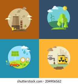 Ecology and pollution flat banners set with icons. Eps10