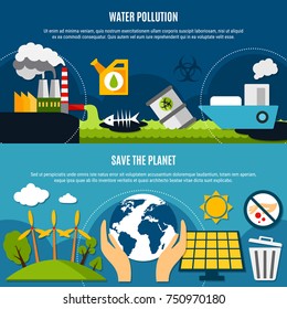 Ecology and pollution horizontal banners set with water pollution symbols flat isolated vector illustration 