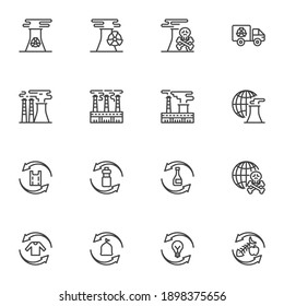 Ecology pollution line icons set, outline vector symbol collection, linear style pictogram pack. Signs, logo illustration. Set includes icons as factory pollution smoke, dump truck, recycling plastic