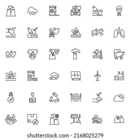 Ecology pollution line icons set. linear style symbols collection, outline signs pack. Eco pollution vector graphics. Set includes icons as plastic waste, co2 cloud, water sewage drain, chimney smoke