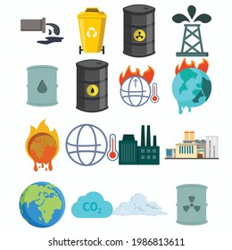 Ecology, pollution, oil. factory, global warming, co2, poison, waste, garbage vector clip art set. Ecology, pollution, oil. factory, global warming, co2, poison, waste, garbage vector clip art set.