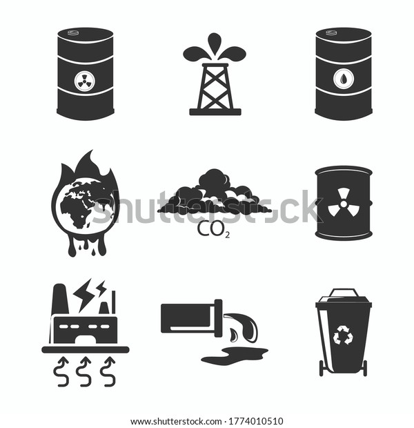 Ecology, pollution, oil. factory,\
global warming, co2, poison, waste, garbage can icon\
set