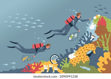 Contaminación ecológica composición del mar con paisaje oceánico con pilas de basura y dos colectores de buceo ilustración vectorial