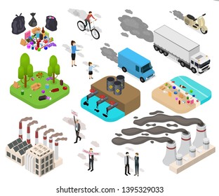 Ecology Pollution Sign 3d Icon Set Isometric View Include Of Factory, Garbage And Smoke. Vector Illustration Of Icons