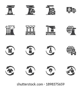 Ecology pollution vector icons set, modern solid symbol collection, filled style pictogram pack. Signs, logo illustration. Set includes icons as factory pollution smoke, dump truck, recycling plastic