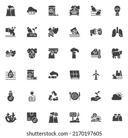 Ecology pollution vector icons set, modern solid symbol collection, filled style pictogram pack. Signs, logo illustration. Set includes icons as plastic waste, co2 cloud, sewage drain, chimney smoke