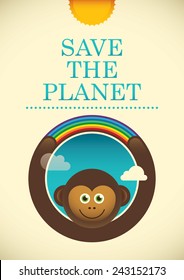 Ecology poster with comic monkey. Vector illustration.