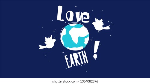 Ecology poster with globe, two birds and text on dark background. Vector banner in flat linear style.