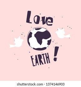 Ecology poster with globe, two pigeons and text on pink background. Vector banner in flat linear style.