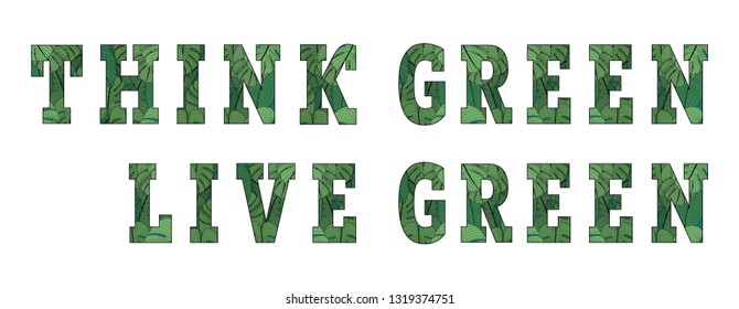 Ecology poster. Green lettering with tropical leaves. Recycling concept banner