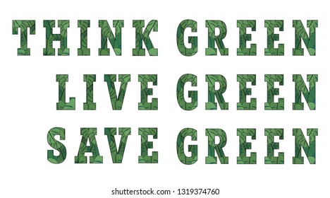 Ecology poster. Green lettering with tropical leaves. Recycling concept banner