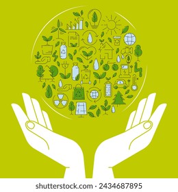 Ecology poster, human hands holding earth with eco friendly energy sources, circle with line ecological icons. Save the planet, environment improvement, recycle, renewable energy. Vector square design