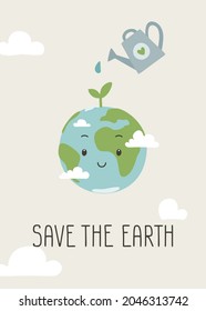 Ecology poster. Planting little sprout on cute smiling planet Earth. Poster about care of environment for children, schools, preschooler. 