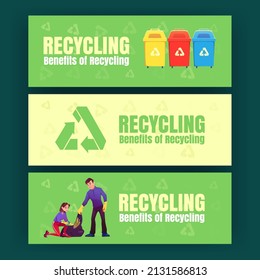 Ecology posters with trash bins, recycle sign and people collect garbage in bag. Vector banners of benefits of recycling with cartoon illustration of waste containers and volunteers clean up