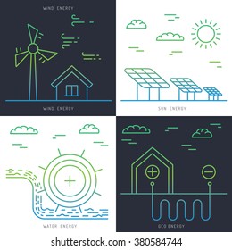 Ecology power concept. New energy type. Alternative energy. Alternative wind energy station. New eco energy vector illustration. Ecology concept. Eco energy concept outline. Alternative energy type.