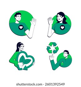 Ecology preservation vector illustration concept set. Waste management. Recycling, reuse. Reprocessing, sustainability. Stylized cartoon characters isolated on white. Flat 2D line art pack