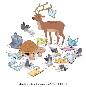 Ecology Problem. Animals are out in the wild in a polluted environment. Colorful cartoon character. Funny vector illustration. Isolated on white background