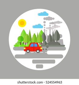 Concepto de problema ecológico. Los automóviles y las fábricas contaminan el medio ambiente. Vehículos y plantas que emiten humo que destruyen el medio ambiente. Ilustración vectorial plana de la contaminación del aire. Nubes de contaminación.