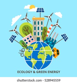 Ecology problem concept in flat stile. Vector illustration, infographic concept of green energy and eco friendly world for graphic and web design.