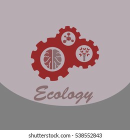 Ecology problem concept in flat stile. Icons set, Vector illustration for web, info graphic. Brain trees and molecule in the gear wheel
