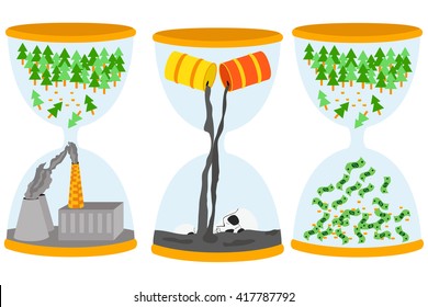 Ecology problem concept. Sandglasses with oil pollution problem, scaffolding and air pollution.
