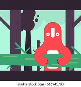 Ecology problem concept, sloth in forest and smoke from the pipe that harm nature, emission. Flat style vector illustration