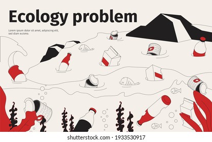 Ecology problem concept with water polluted with garbage vector illustration