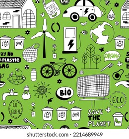 Ecology problem seamless pattern. Vector background with icons Earth, windmill, electric car, solar panels, eco bag, bike, and gets. Zero waste, recycling, no plastic.