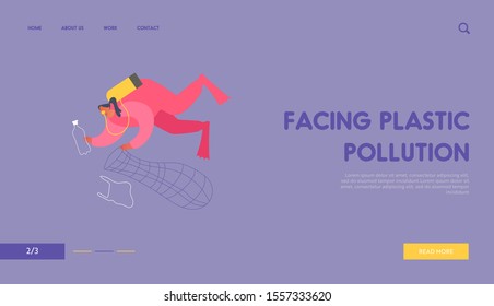 Ecology Problem Website Landing Page. Woman Diver Cleaning Ocean Bottom from Garbage Collecting Wastes into Basket. Earth Ecology Pollution, Protection Web Page Banner Cartoon Flat Vector Illustration