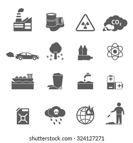 Ecology problems black white icons set with pollution symbols flat isolated vector illustration 