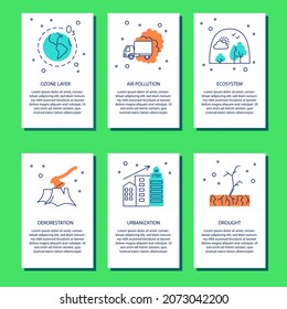 Ecology problems flyer set in line style with place for text. Climate change concept banners. Vector illustration.