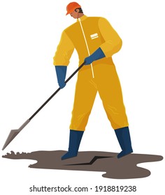 Problemas ecológicos y concepto de contaminación global. El voluntario está limpiando el área sucia. Carácter masculino de traje protector que recoge petróleo y desechos contaminados territorio de arena y los arroja