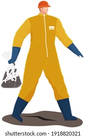 Problemas ecológicos y concepto de contaminación global. El voluntario está limpiando el área sucia. Carácter masculino en traje protector recolectando muestras de suelo. El hombre recoge arena contaminada en una bolsa para su análisis